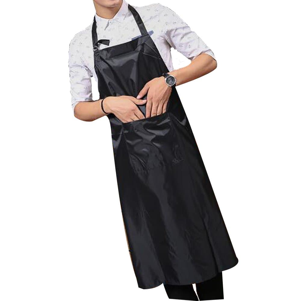 KAIER Adjustable Bib Apron with Pocket, Vinyl Cooking Kitchen Aprons for Men and Women, Waterproof，Extra Long (BlackA)