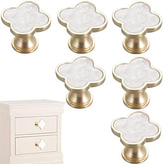 6 Pcs Clover Knobs Four-Leaf Handle Creative Cabinet Drawer Pulls Gold for Dresser Wardrobe Zinc Alloy Single Hole Door Handle(White)