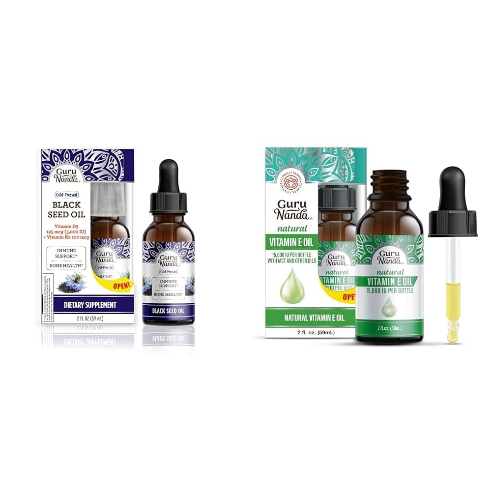 GuruNanda Black Seed Oil, Cold-Pressed Nigella Sativa - Rich in Vitamin D3 5000 Units, K2 & E & Vitamin E Oil (2 Fl Oz) - 100% Pure & Natural, 15,000 IU per Bottle for Skin, Hair, Face