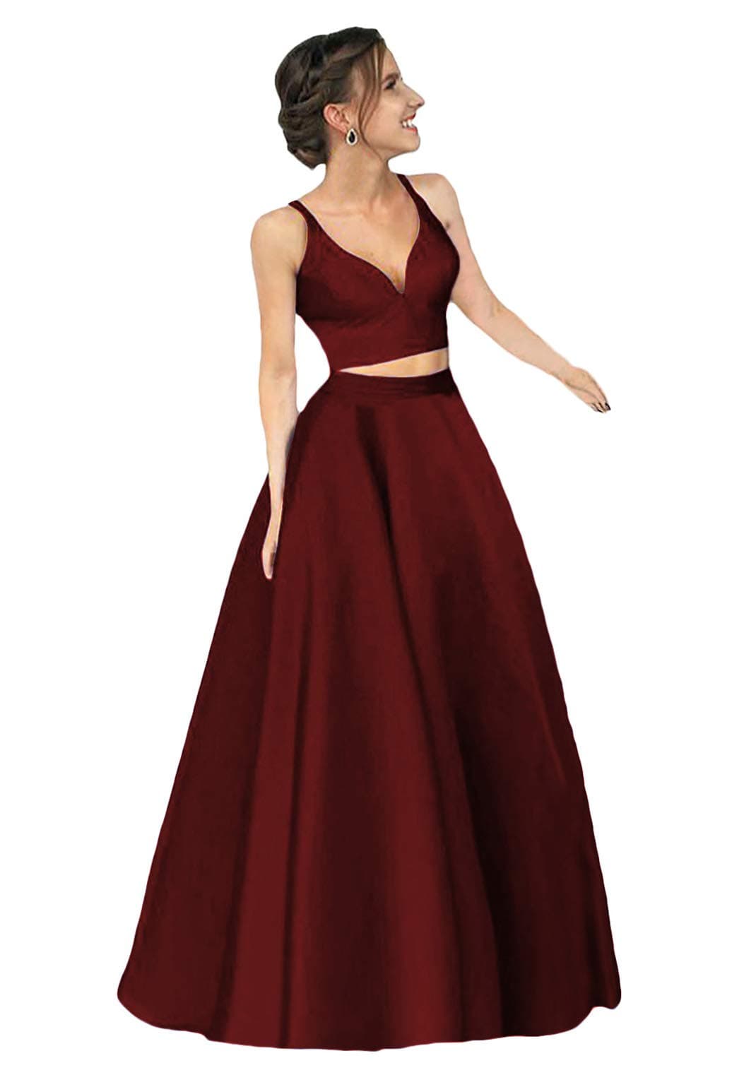 Dymaisei Women's Two Piece Spaghettis Satin Prom Dresses Long Formal Party Dress US6 Burgundy