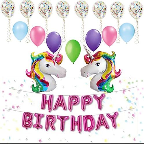 Unicorn party themed balloons,31 pc pack. Beautiful and magical at a great value. Includes 8 confetti balloons, 2 42” huge unicorn balloons set, 8 colorful latex and 13 letters spelling happy birthday