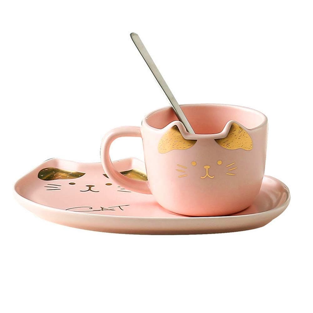 Creative Cute Teacup Ceramic Coffee Cup with Spoon and Saucer Set, Gift for Cat Lovers (Pink)
