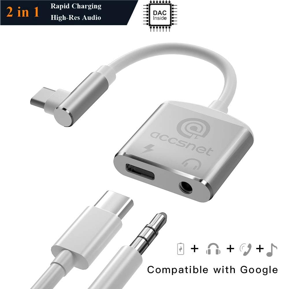 2 in 1L-Bending USB C to 3.5mm Headphone Adapter and Fast Charging Compatible for Google Pixel3/2/2L, Essential Phone,Sony XZ2,Hi-Resolution and Noise Reduction Type C 90 Degree Adapter DAC