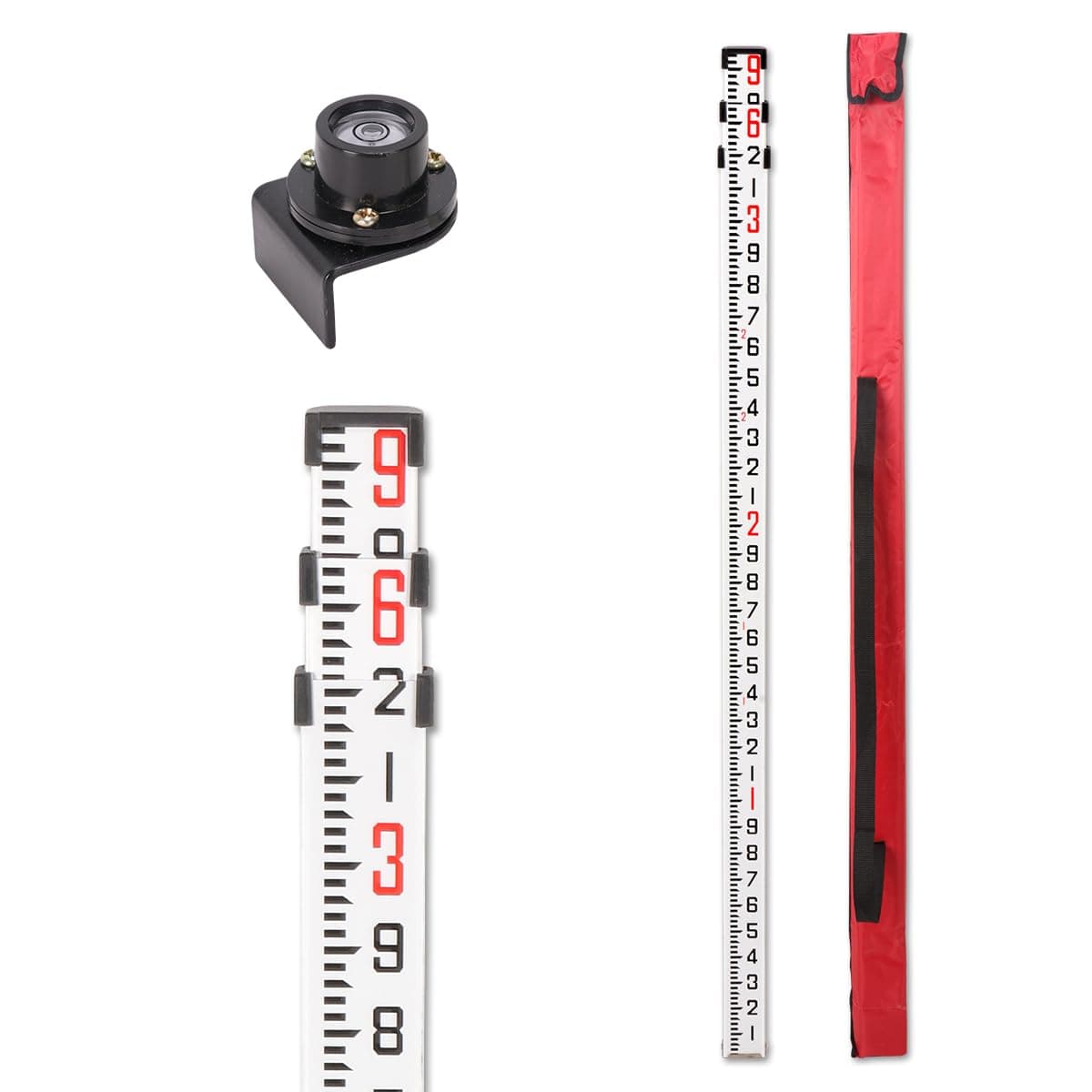 GEOLENI Aluminum Grade Rod - 8ths, with Carrying Case and Rod Level (9 Foot), 1mm Thick, 42 inches Tall When Collapsed, Inch Scale at Back and Front