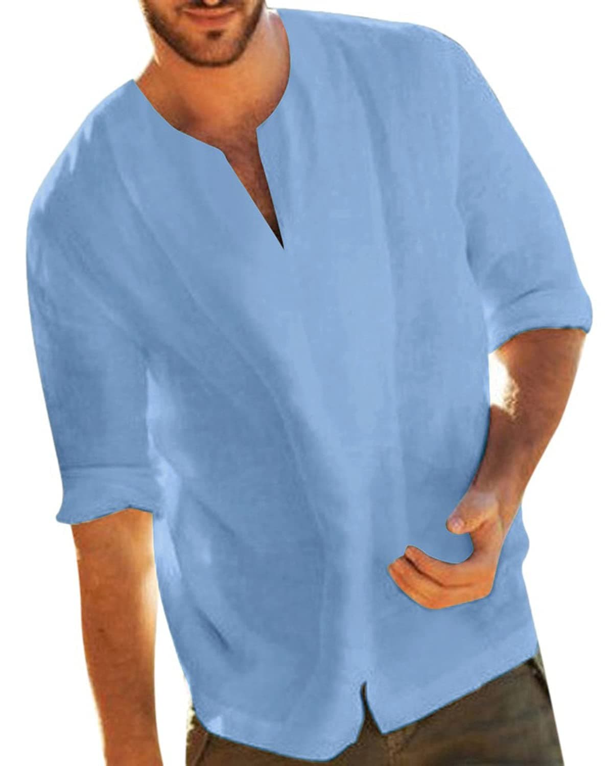 Jacansi Mens Loose Cotton Tunic Casual Beach Long Sleeve V Neck Henley Tops