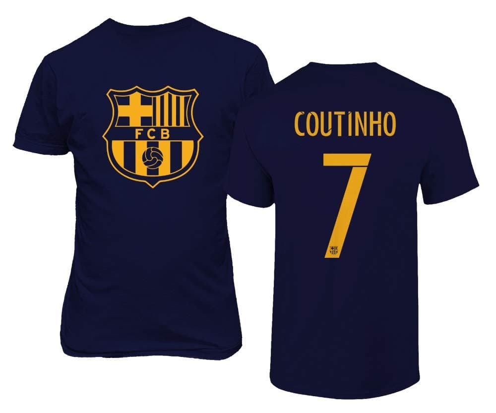 Spark Apparel Barcelona Soccer Shirt Philippe Coutinho #7 Futbol Jersey Style Men's T-Shirt (Navy, Large)