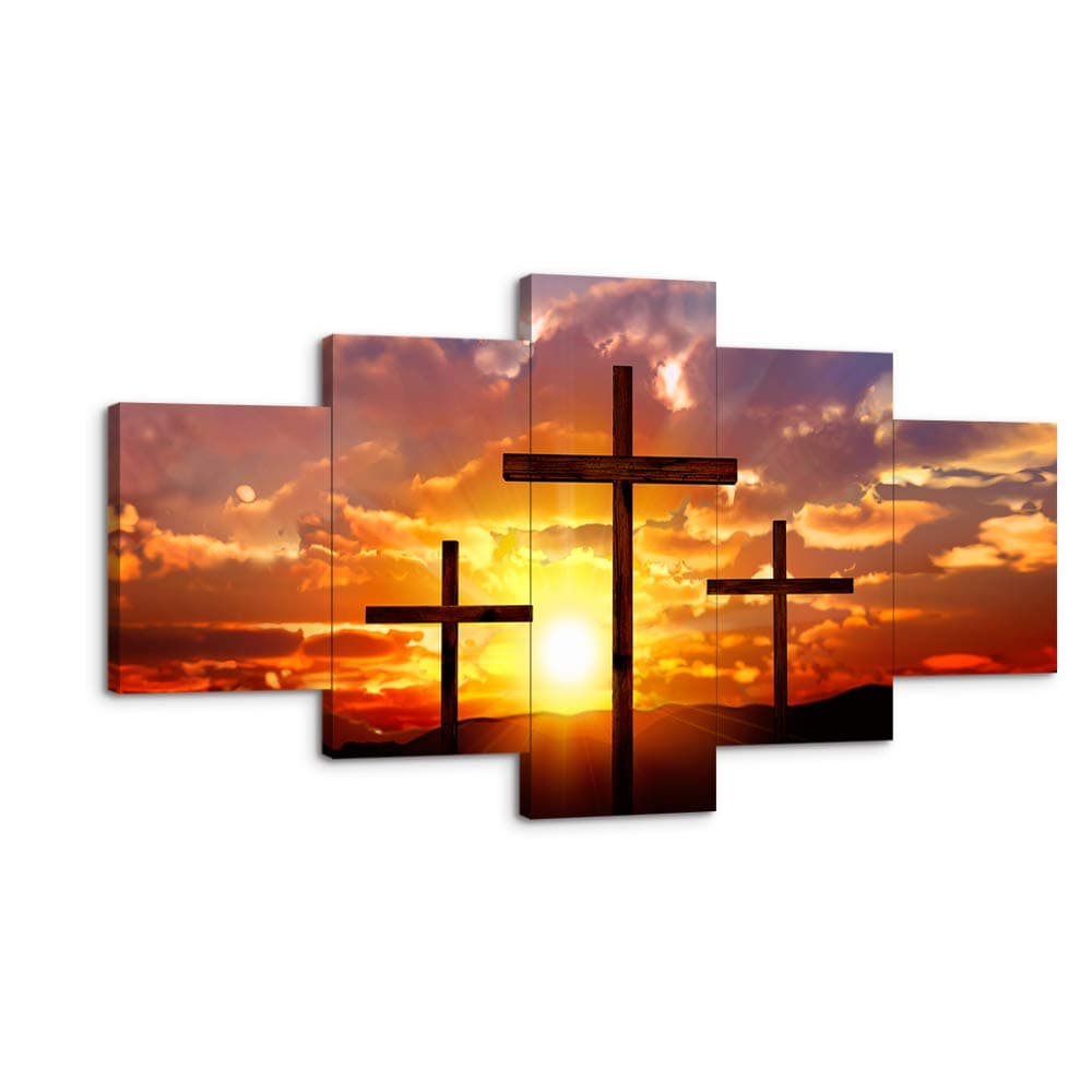 VIIVEI Christian Sunset Crosses Cross Wall Art Christ Poster Canvas Prints Art Home Decor for Living Room Modern Pictures 5 Panel Large HD Printed Painting Artwork Framed Ready to Hang (70" Wx40 H)