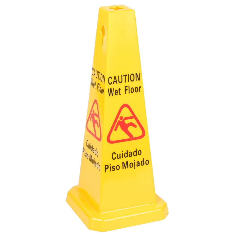 Two-Sided Wet Floor Caution Sign English/Spanish, Yellow, 27-Inch Cone Shape Plastic Sign, Caution Signs by Tezzorio