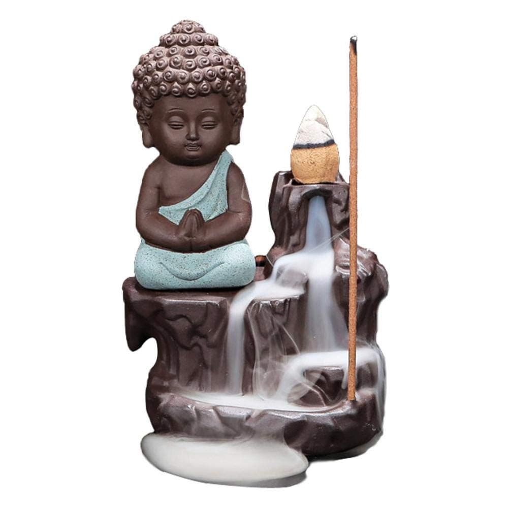 Home Decoration Backflow Incense Burner Sitting Buddha Incense Holder Meditating Monk Figurine with 10 Cones (Monk C)