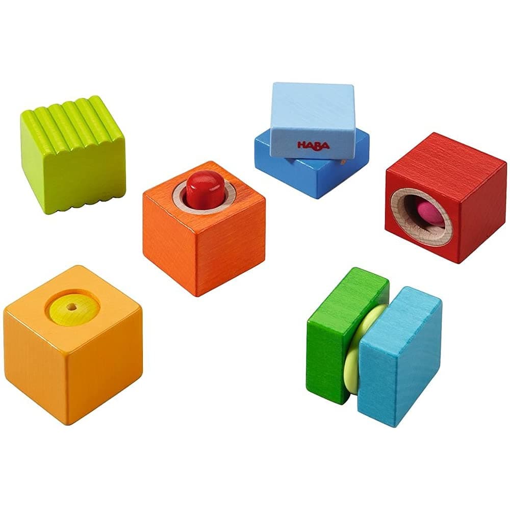 7628 - discoverer stones sound fun, robust wooden toy and educational game from 1 year, 6 colourful building blocks with different acoustic effects
