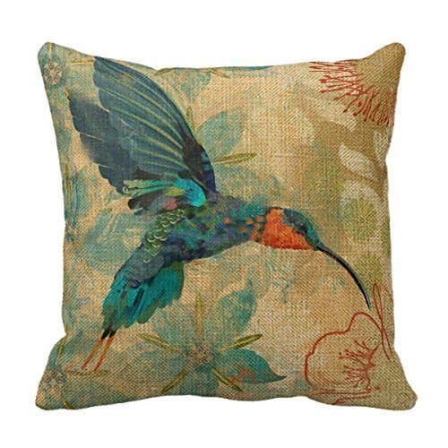 Cotton Linen Square Fashion Blue Orange Hummingbird Bird Teal Aqua Red Flowers Pillowcases 20 inch X 20 inch
