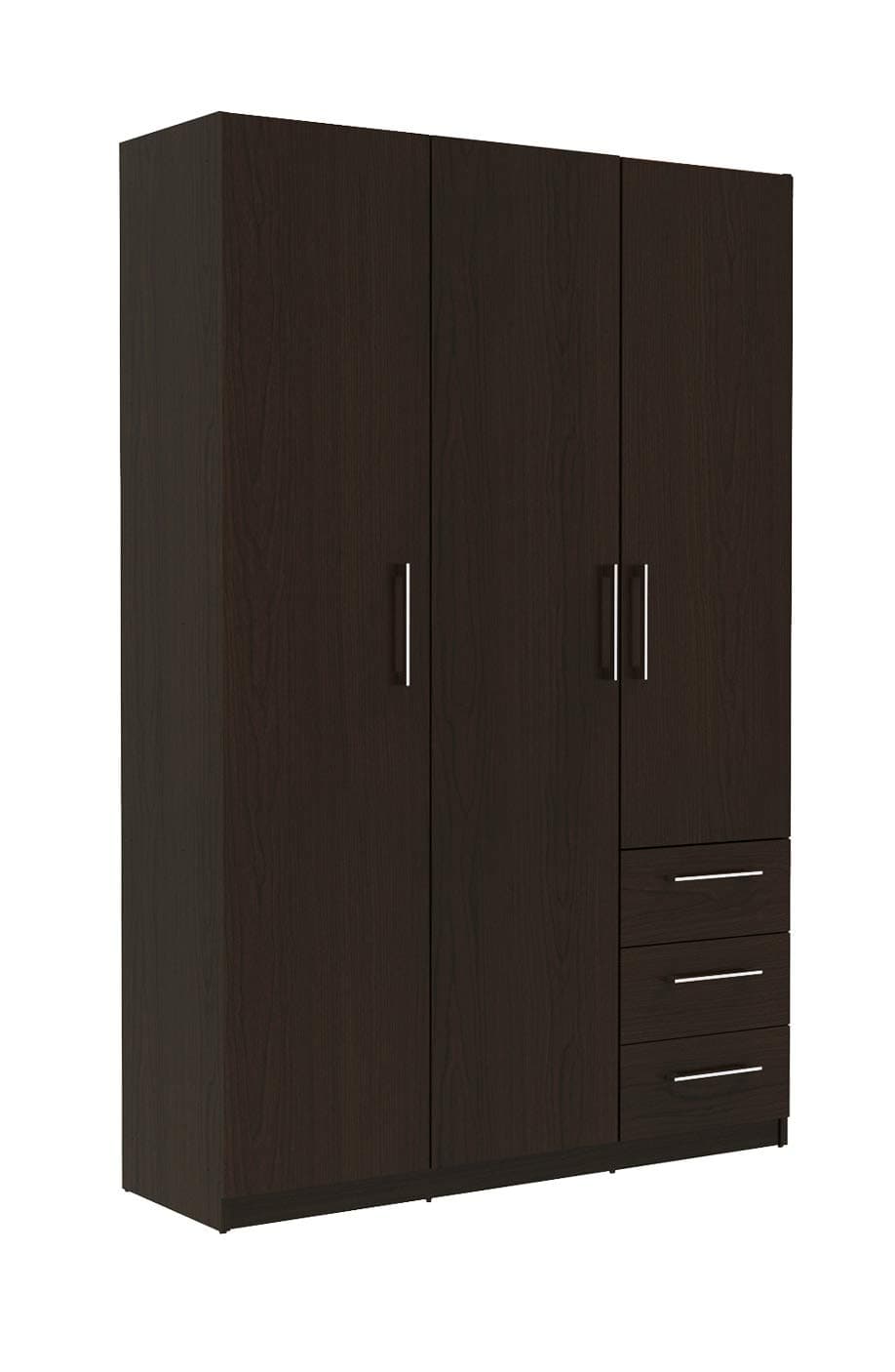 3 Door Wardrobe 3 Shelves 3 Drawers Bedroom Cupboard Large Storage Space 1.2m Wide (Dark Brown)