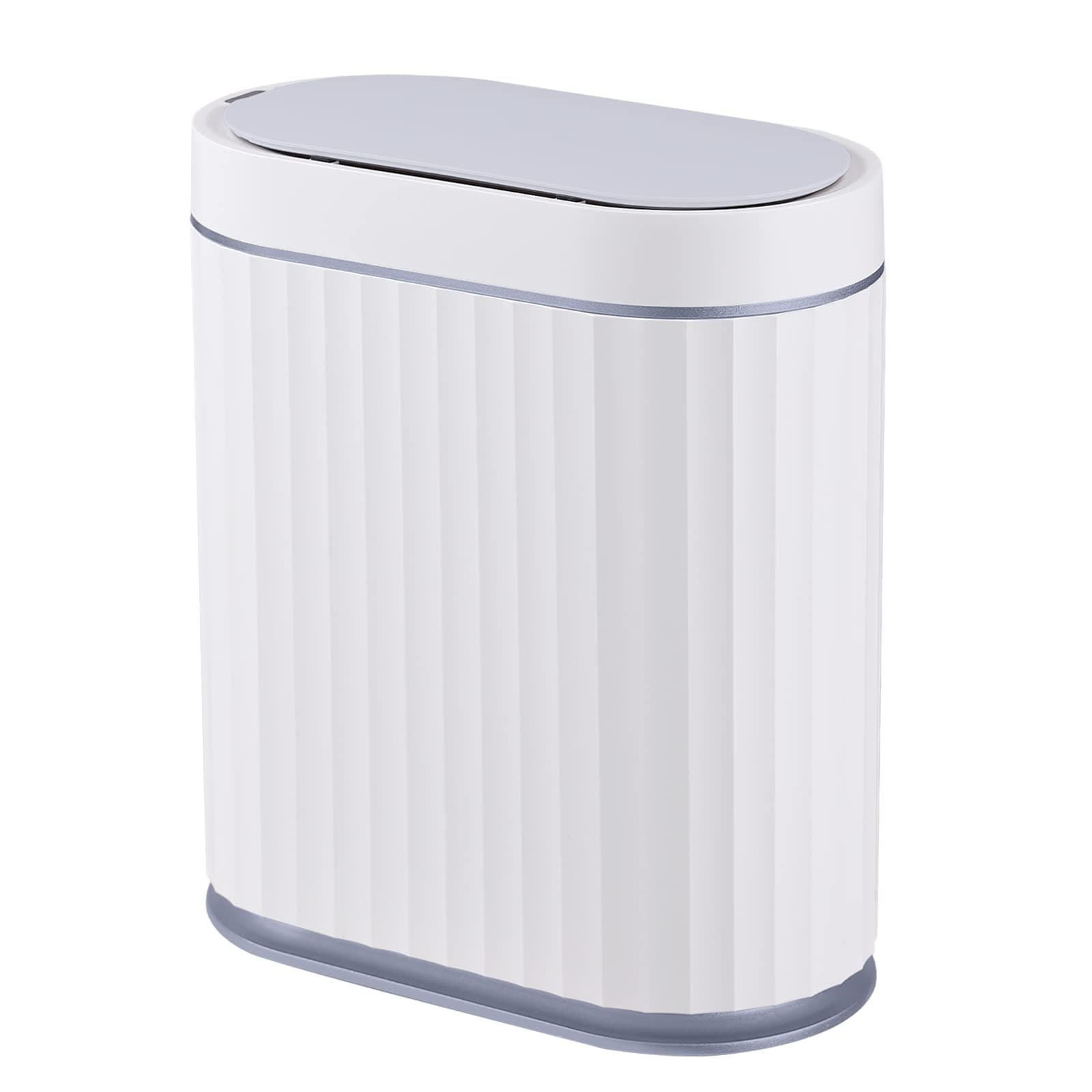 ELPHECO Bathroom Trash can Motion Sensor, Automatic Garbage can, Slim Plastic Smart Trash Bin with Lid, Commercial Intelligent Wastebaskets for Bedroom, Bathroom, Office (White with Grey Trim)