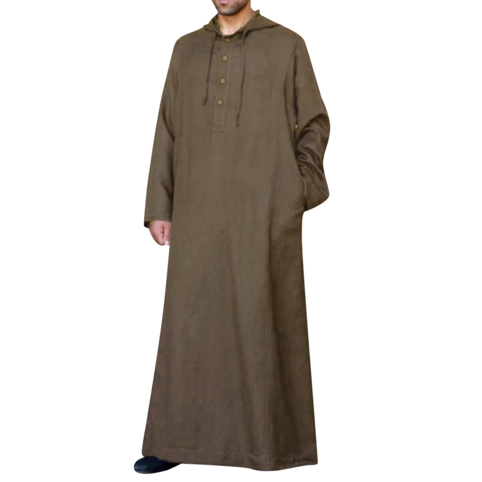 Alalaso Men's Muslim Kaftan Clothes Saudi Arabic Middle East Islamic Long Gown Dress Crew Neck Clothing Ramadan Jubbah