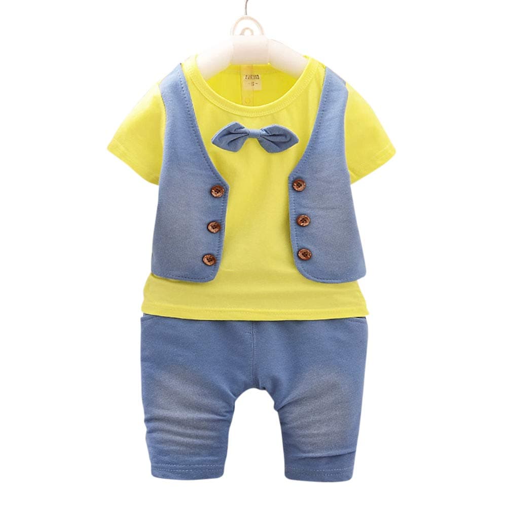 Hopscotch Baby Boys Cotton Waistcoat Style Bow Attached T-Shirt and Pant Set in Yellow Color for Ages 9-12 Months