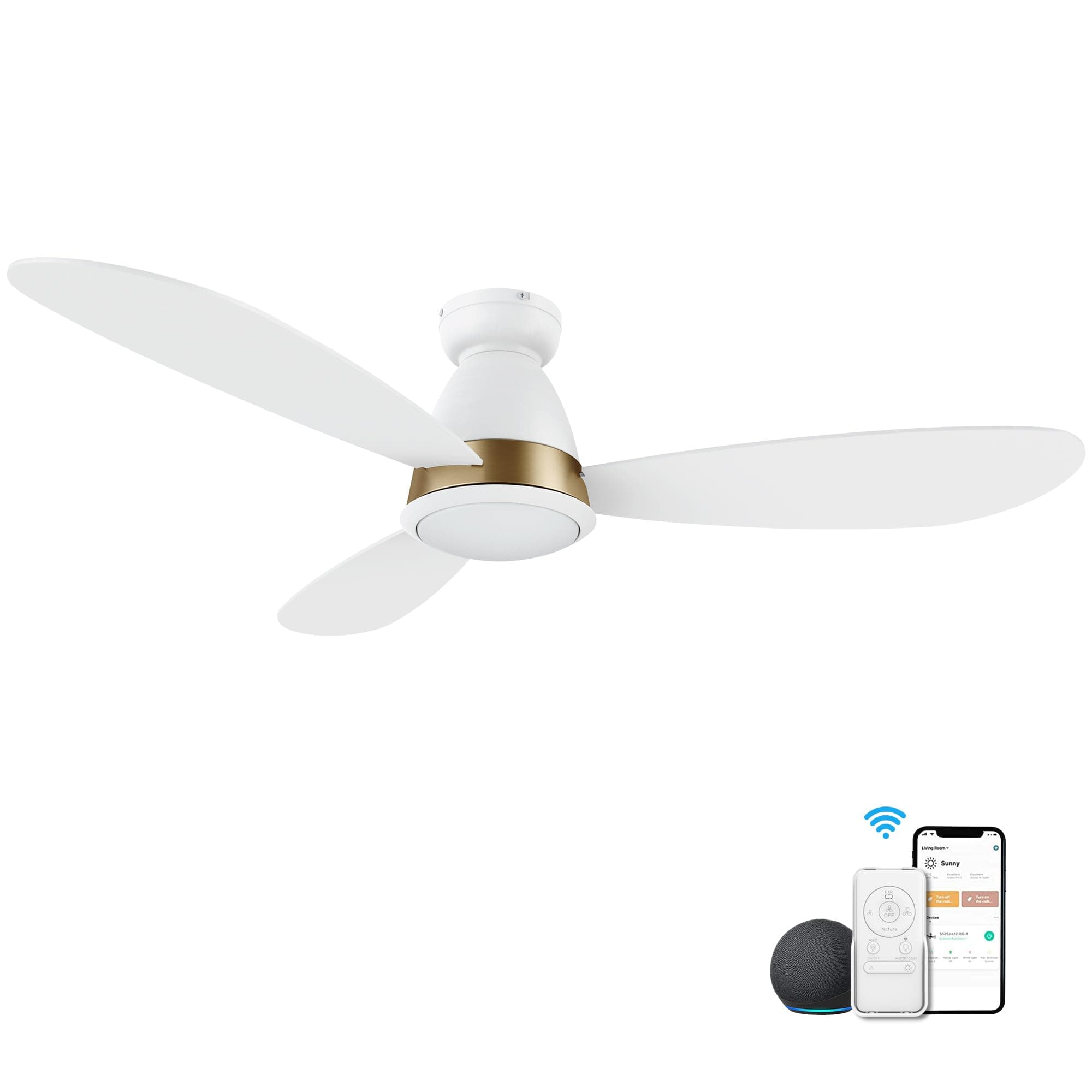 CEME52 Inch Ceiling Fan with Light Flush mount, Indoor & Outdoor Ceiling Fan with 10-Speed Quiet DC Motor, Smart Ceiling Fan Controlled by APP, Remote, Alexa, Siri & Google Home, White Gold