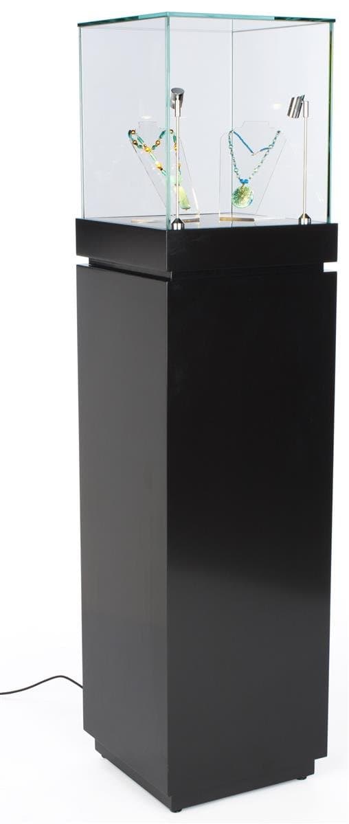 64" Glass Showcase with Pull-Out Drawer and Locking Storage Cabinet, includes 2 LED Spotlights, Pedestal Display Case for 360 Degree Viewing - Black