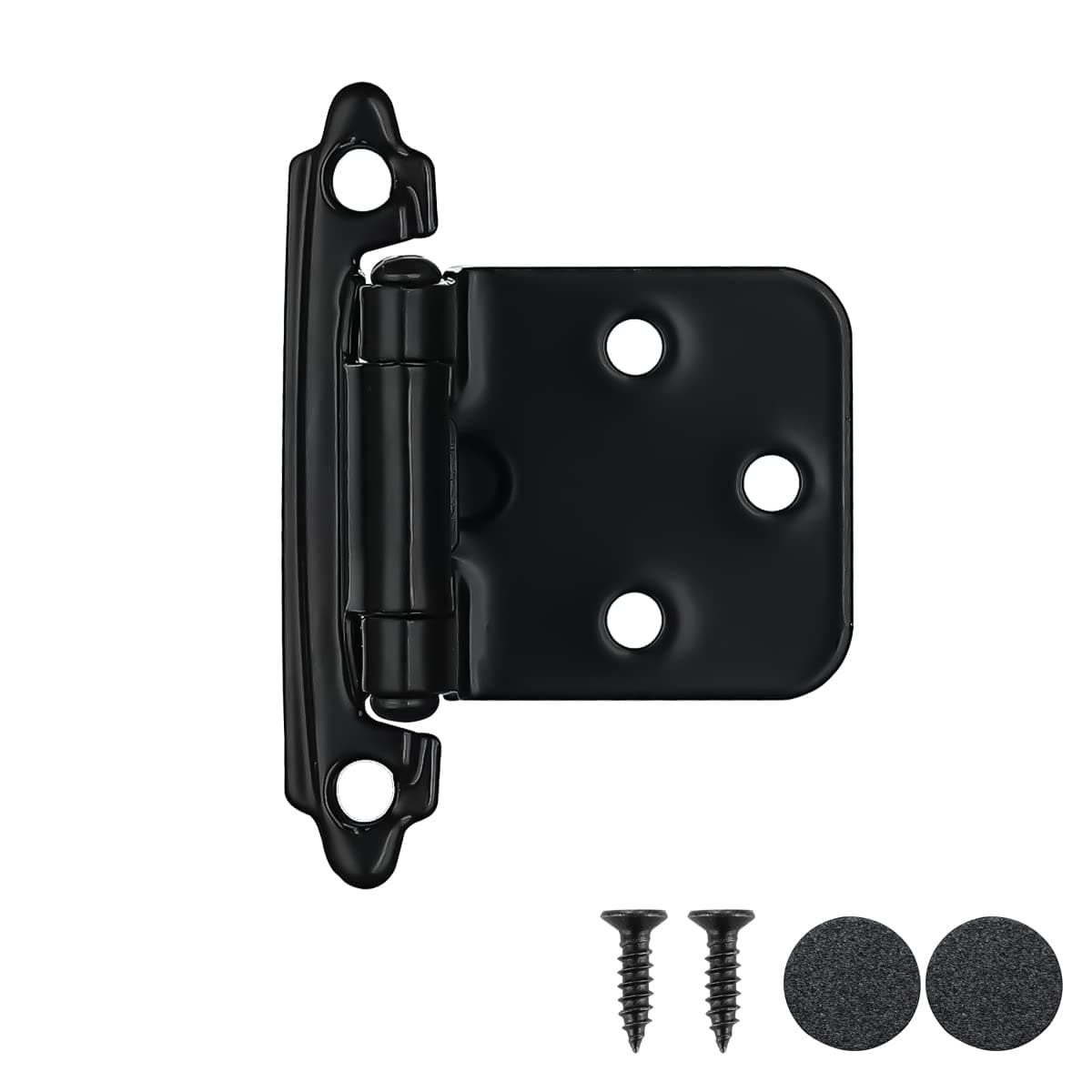 JQK 1/2 Inch Overlay Cabinet Door Hinges Black, 4 Pack 2 Pairs Flush Face Mount Cupboard Self-Closing Kitchen Cabinet Hinges with Door Bumper, CH200-BK-P4