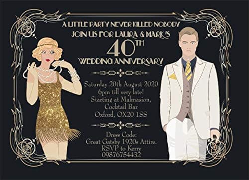 10 x Personalised Birthday Evening Invitations or Thank You Cards Great Gatsby Vintage Art Deco