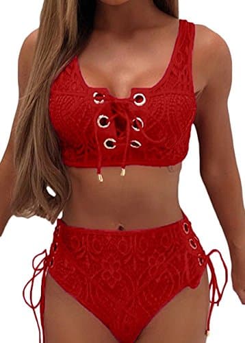 Gefemini Women's Sexy Lace 2pc Bandage Body Suit Bikini Set Lace up Swimsuit Beach Swimwear Non-Padded Bathing Suit