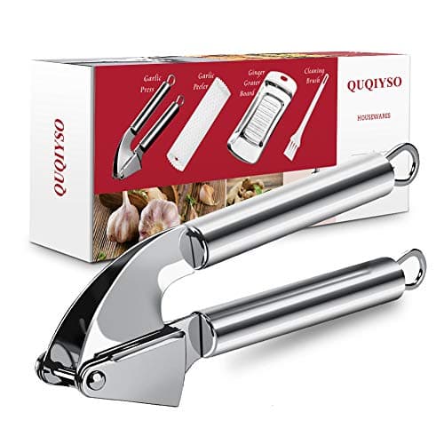 QUQIYSO Garlic Press Stainless Steel professional, Garlic Mincer with Peeler Silicone Tube Roller, Ginger Grater and Cleaning Brush Set(Dishwasher Safe)