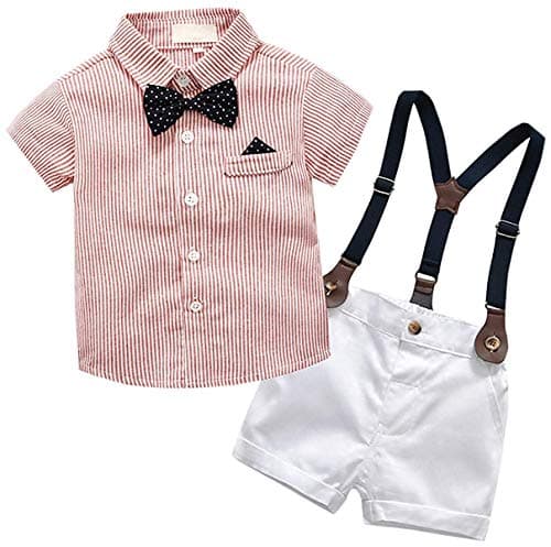 Baby Boys Gentleman Suit Clothes, Dress Shirt with Bowtie + Suspender Shorts