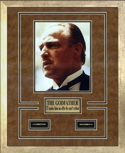 The Godfather Memorabilia. Marlon Brando as Don Vito Corleone. Photo, Engraved Plate, Bullets. Professionally Framed in the Custom Made Modern Scratched Gold Real Wood Frame (17.25 x 21.25)