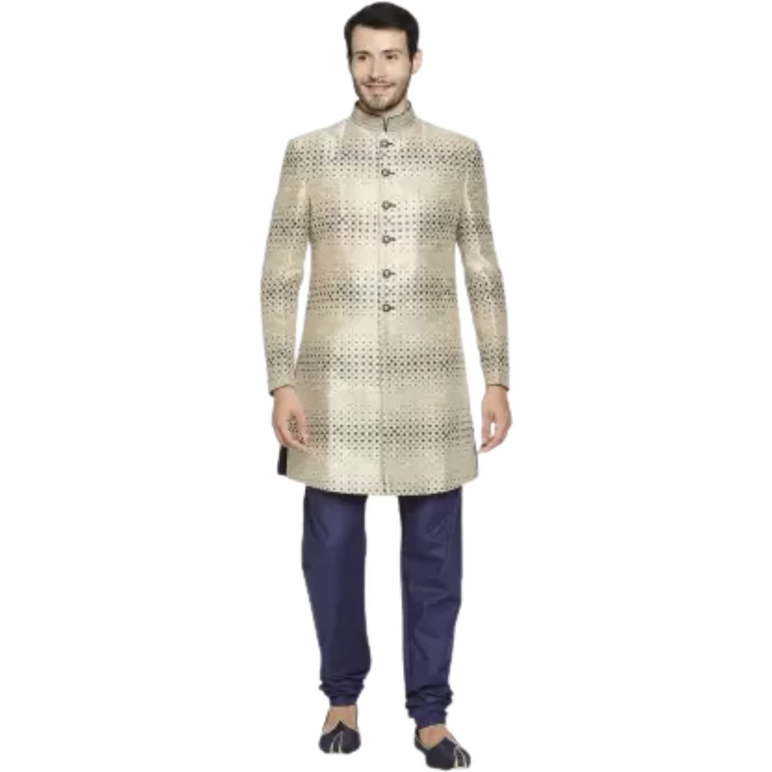K N G riyaz gangjiLIBAS Solid Printed Sherwani Set | Festive Design Embroidered shiny silk | Mandarian Collar | Ethnic Wear Self Design For Men(Gold)