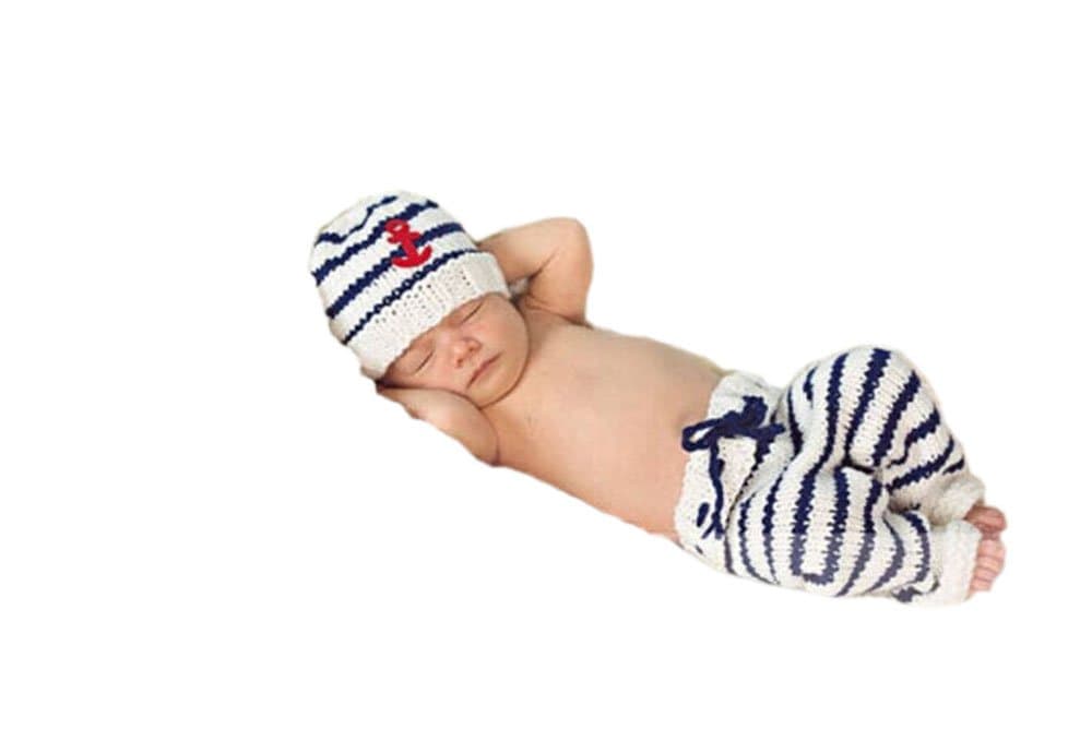 Newborn Baby Photo Prop Crochet Sailor Navy Stripe Anchor Hat Pants