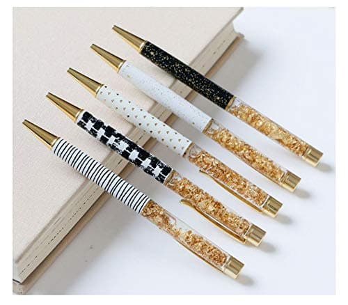 5-Set Black & Gold Flakes Filled Writing Novelty Ballpoint Pens, Black Ink