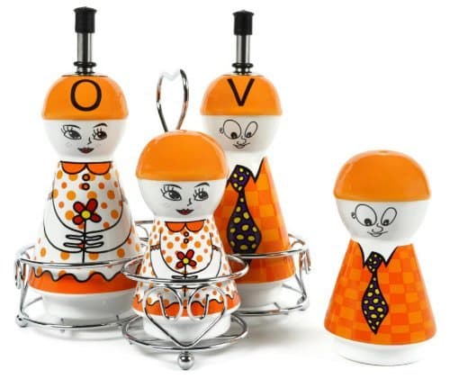 Orange Family Ceramic Oil and Vinegar Dispensers, Salt and Pepper Shakers Cruet Set