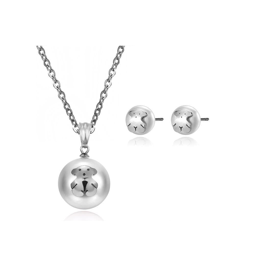 INBO 1 Set of Cream Pearl Bear Necklace Pendant and Stud Earrings with Stainless Steel Necklace Chain (Silver)