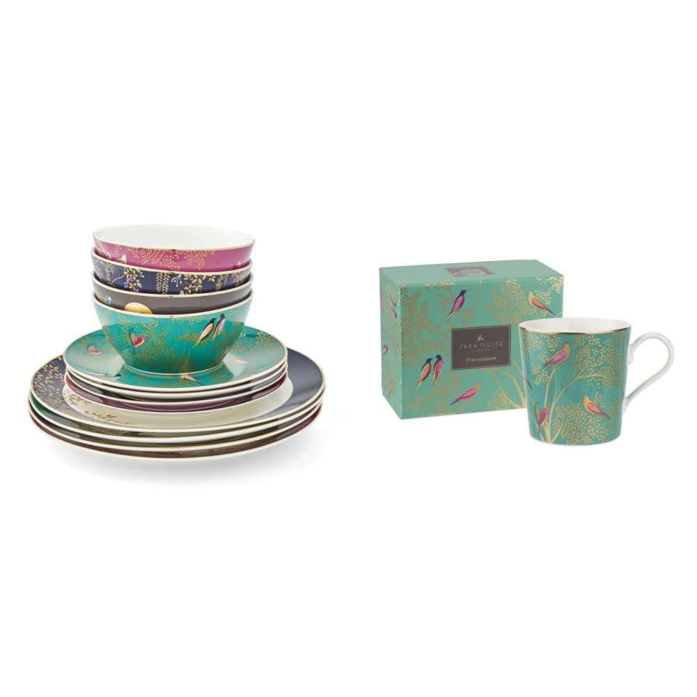 Sara Miller SMC79243-XD London Chelsea Collection 12 Piece Tableware Set, Porcelain, Gold,White & Sara Miller SMCG78914-XG Portmeirion Chelsea Mug - Dark Green, 120 Count (Pack of 1)