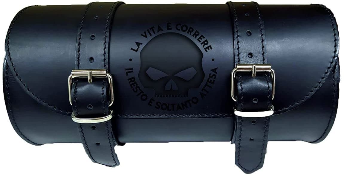 Barrel bag motorcycle leather 25 x 12 with engraving skull with life is running the rest and only waiting shull tool holder bikebag Satteltasche compatible with harley devindson moto guzzi triumph