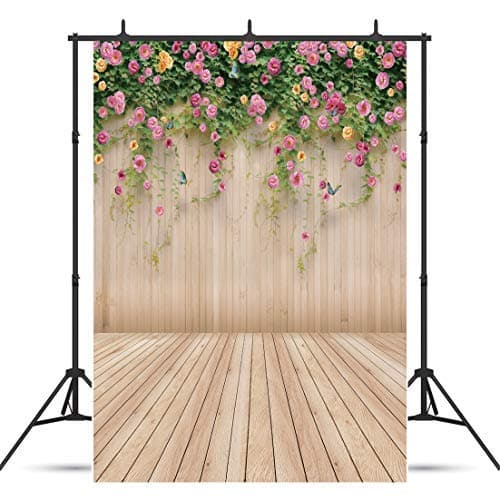 AIIKES 5x7FT Photography Flower Backdrop Flower Backdrops for Photography Wedding Background Pink Flower Decoration Wall Background Wooden Floor Photography Background Newborn Photo Baby 96-10