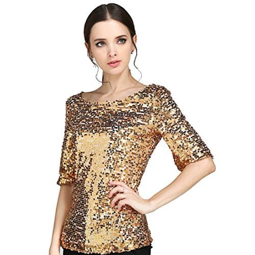 Glistening Sequin Cocktail Club Party Top Shimmer Glam Glitter Plus Size T-Shirt (Golden, XXXL)
