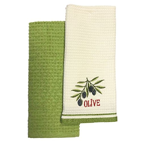 Bellissimo Olive Embroidered Waffle 100% Cotton Woven Kitchen Tea Towels, Cream/Green, 2 Pack