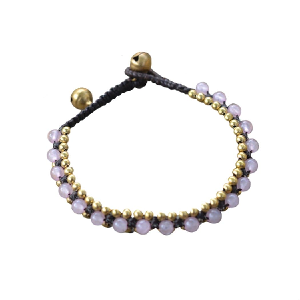 Ploy! Pink Rose Quartz Beads Brass Bracelet Waxed Cotton Cord Hippie Gypsy Adjustable Size Handmade BB4