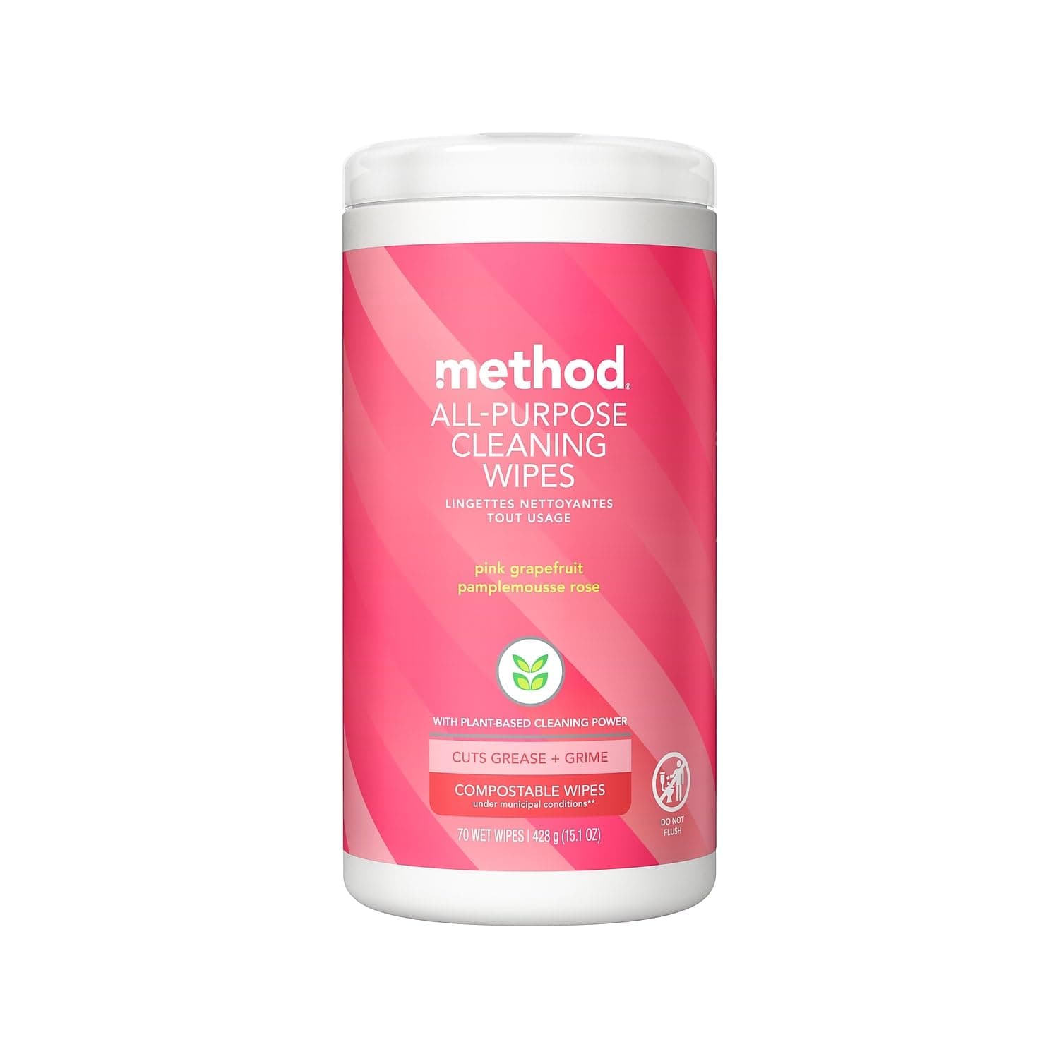 Method All-Purpose Cleaning Wipes, Pink Grapefruit, Multi-Surface, Compostable, 70 Count (Pack of 1)