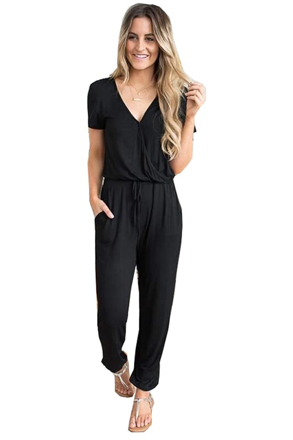 Cinyifaan Women's V Neck Casual Loose Long Jumpsuits Romper Playsuit with Belt,X-Large,Black
