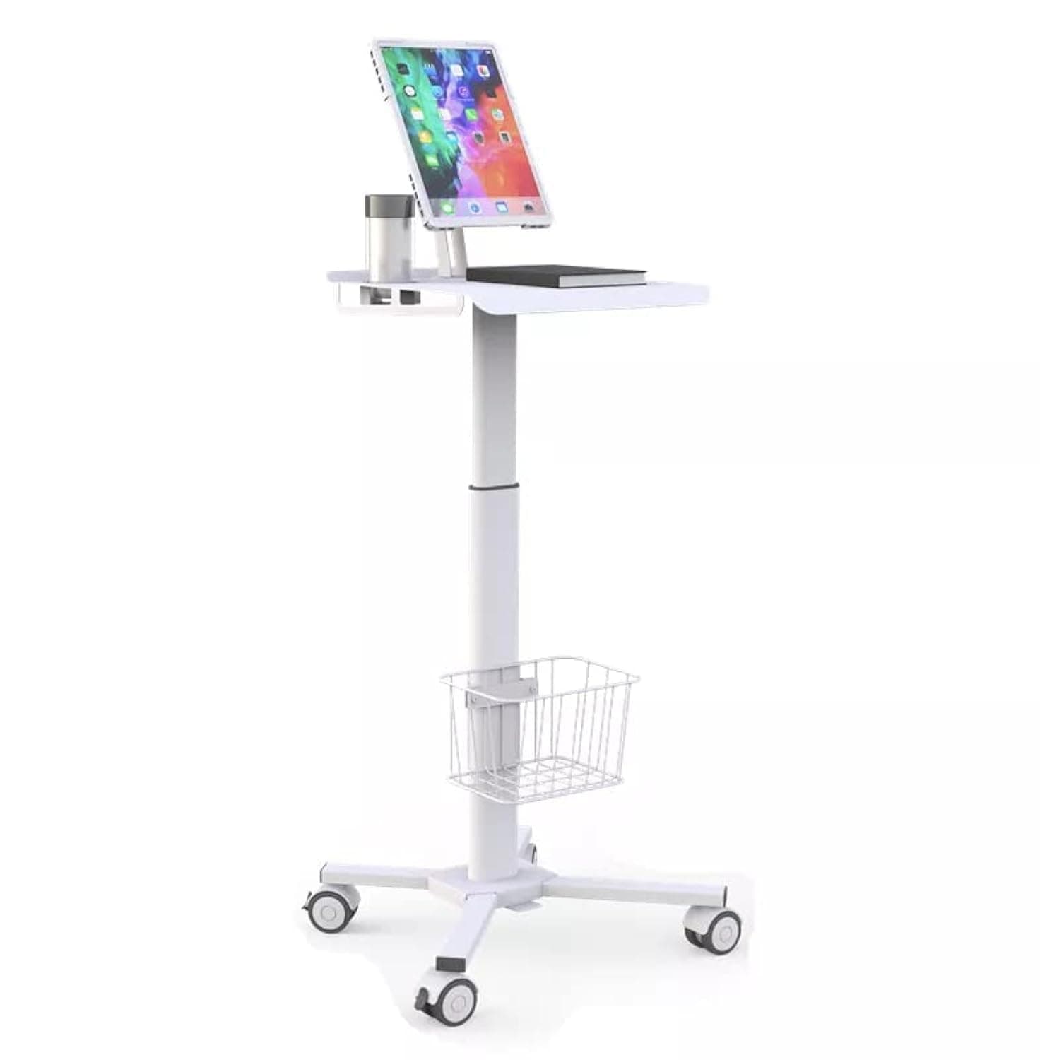 Mount Plus MB-C01 Height Adjustable Mobile Medical Tablet Cart with Wheels and Tablet Enclosure Basket Storag | Medical Trolley for Hospital Clinic Beauty Salon | Pneumatic Mobile iPad Workstation