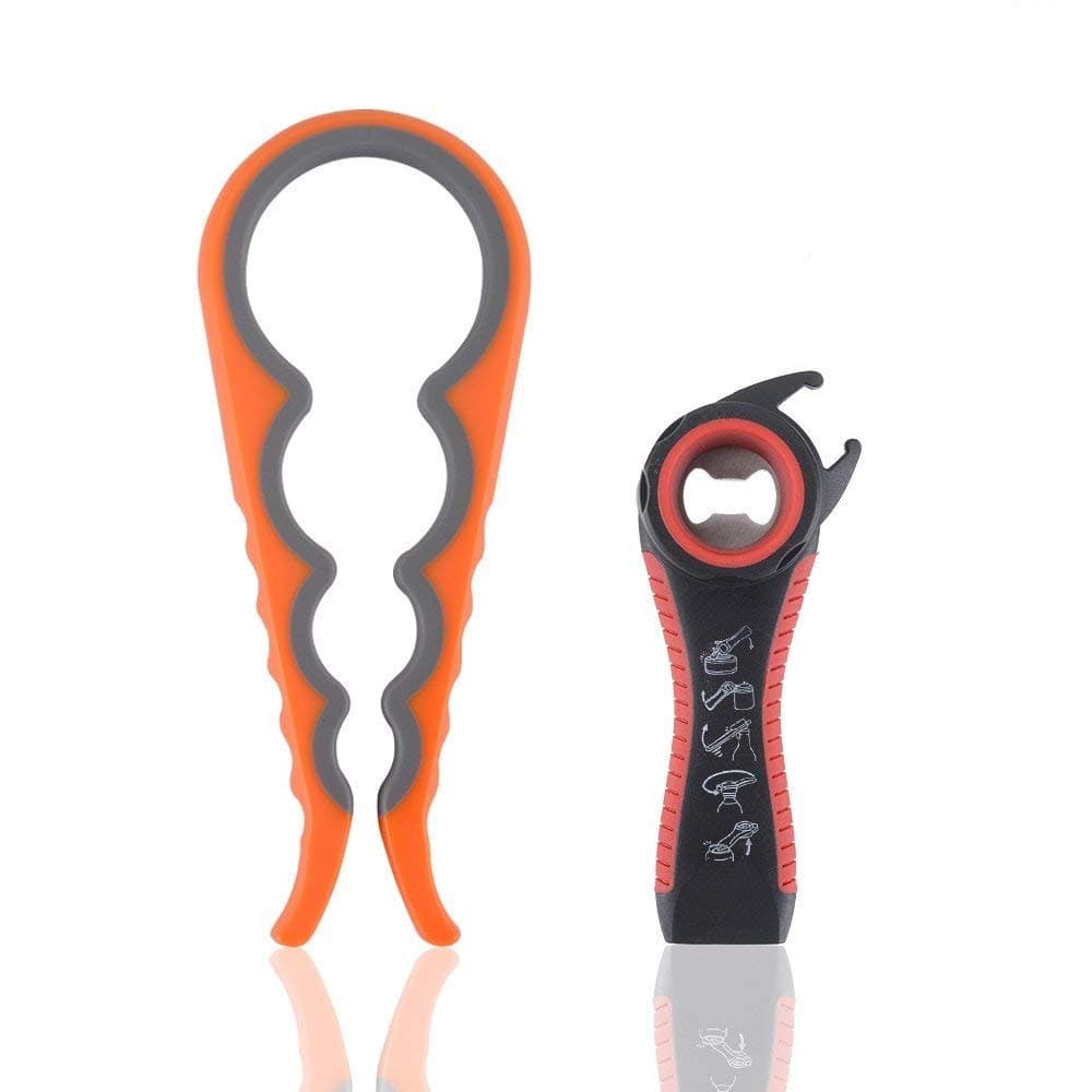 Orange-Gray Mason Jar Opener Red-Black Bottle Opener with Multifunctional Usage for weak hands, Set of 2, 9.05’’L+5.74’’L, Free E-Book