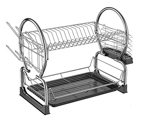 Magna Homewares Bonito Smart 2-Tier Dish Rack,Easy Assemble Large Capacity Dish Drying Rack with Side Mounted Utensil Holder and Cup Holder, Organizing Dishes Kitchen Counter Top or Sink Side-Silver