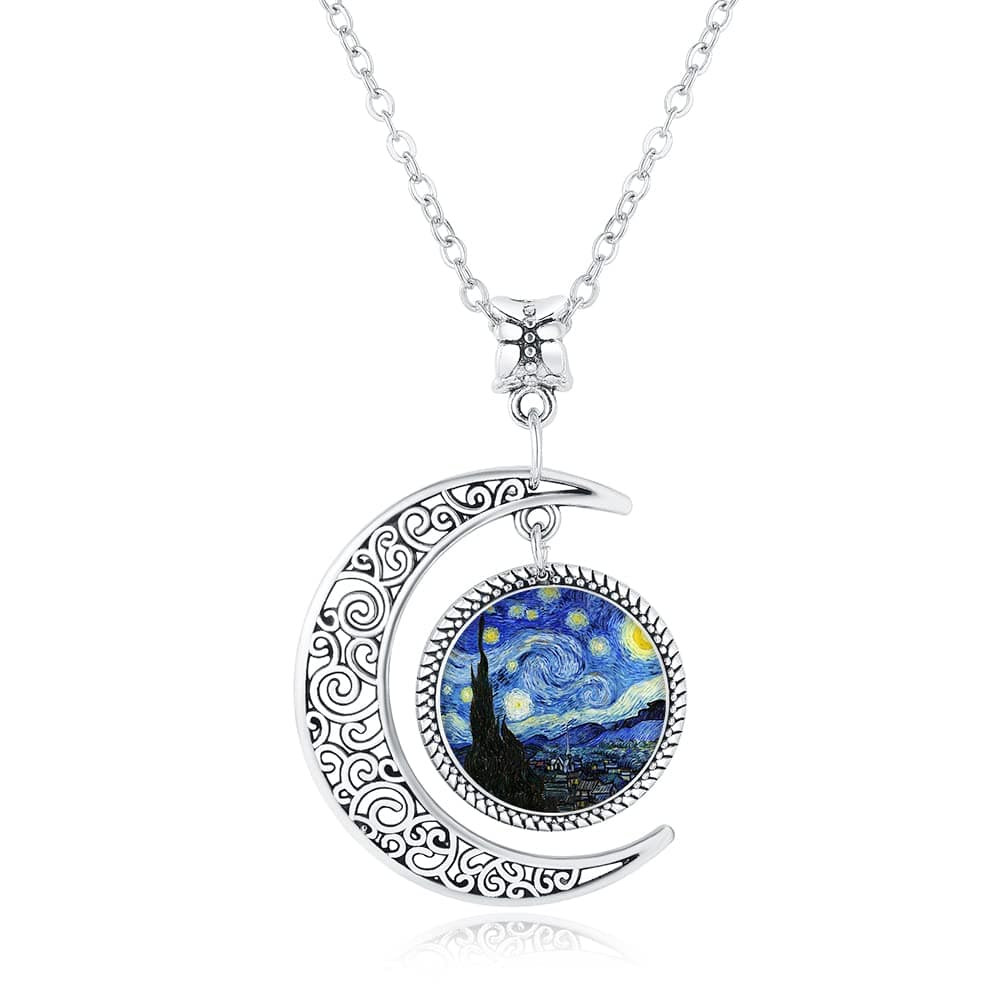 Half Moon Necklace Starry Night Pendant Art Handmade Jewelry