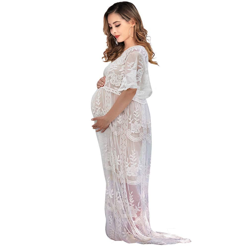 Women's Long Sleeve V Neck White Lace Floral Maternity Gown Maxi Photography Dress