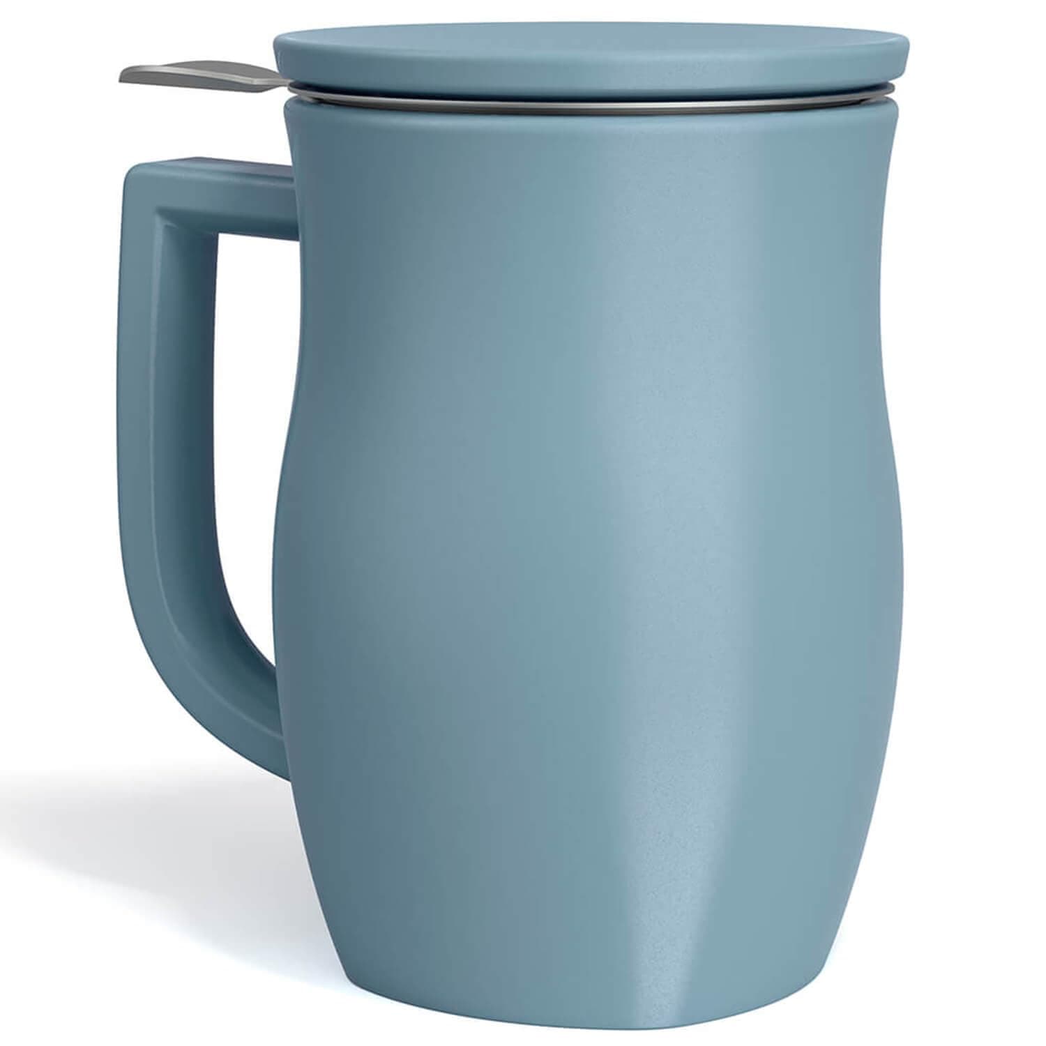 Ceramic Fiore Cup with Handle, Removeable Stainless Steel Infuser Basket and Lid, Steeps 14 oz Loose Leaf Tea, Dishwasher & Microwave Safe, Stone Blue