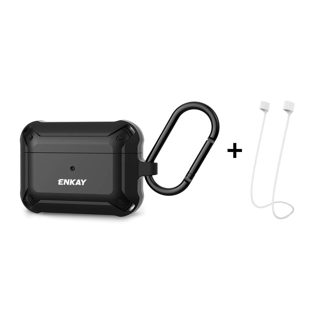 Hat-Prince ENKAY ENK-AC8101 for Apple AirPods Pro Wireless Earphone TPU + PC Protective Case with Carabiner and Anti-Lost Rope - Black