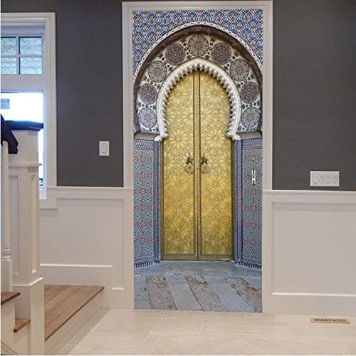 Smntt Zy Creative 3D Muslim Golden Gate Door Sticker Ramadan Decoration Living Room Door Home Decoration Removable Wall Door Sticker