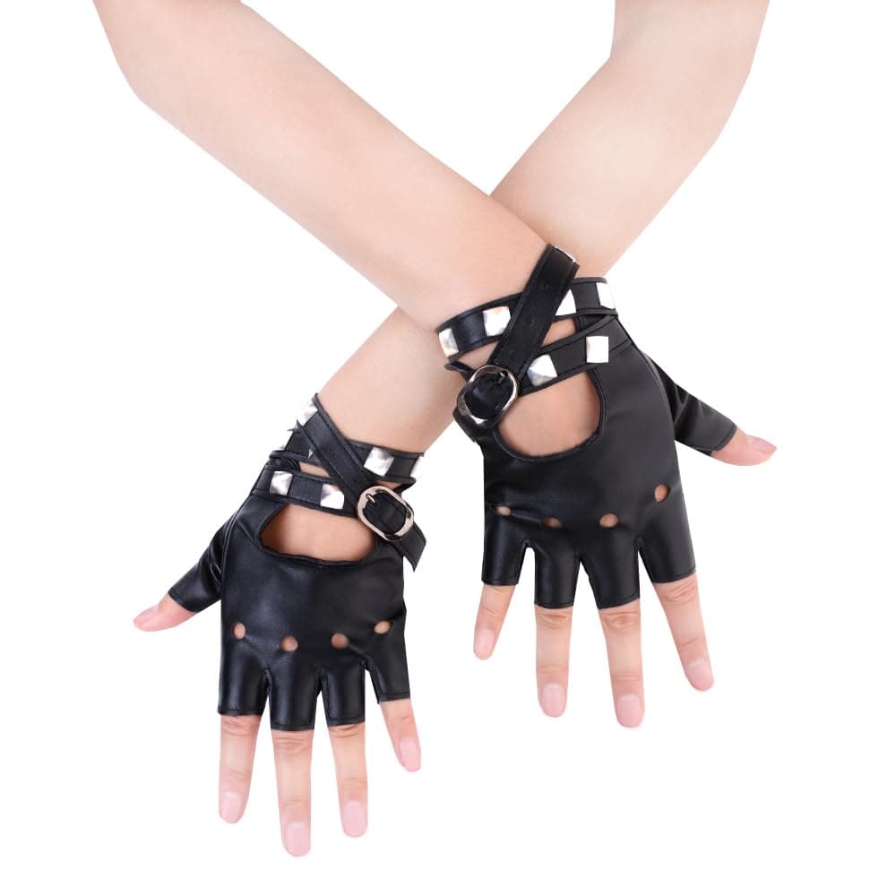 Women PU Leather Punk Gloves Rivets Belt Up or Snap Half Finger Performance Mittens