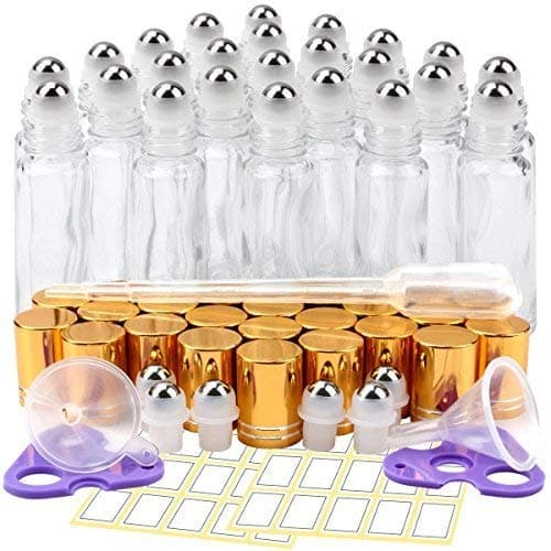 KAMOTA Essential Oil Roller Bottles, 24 Pack 10 ml Clear Glass Roller Bottles with Golden Lids and Stainless Steel Roller Balls (6 Extra Roller Balls, 30 Labels, 2 Opener, 2 Funnels, 2 Dropper)